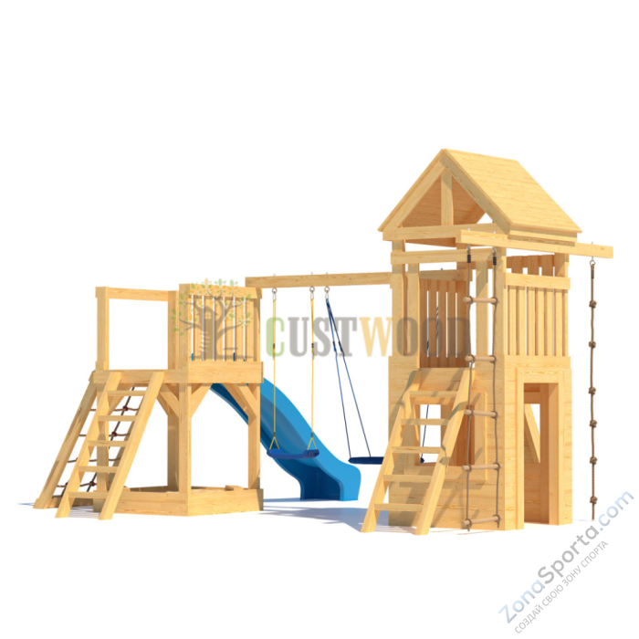 Детская деревянная игровая площадка для улицы дачи CustWood Scout S9 с деревянной крышей