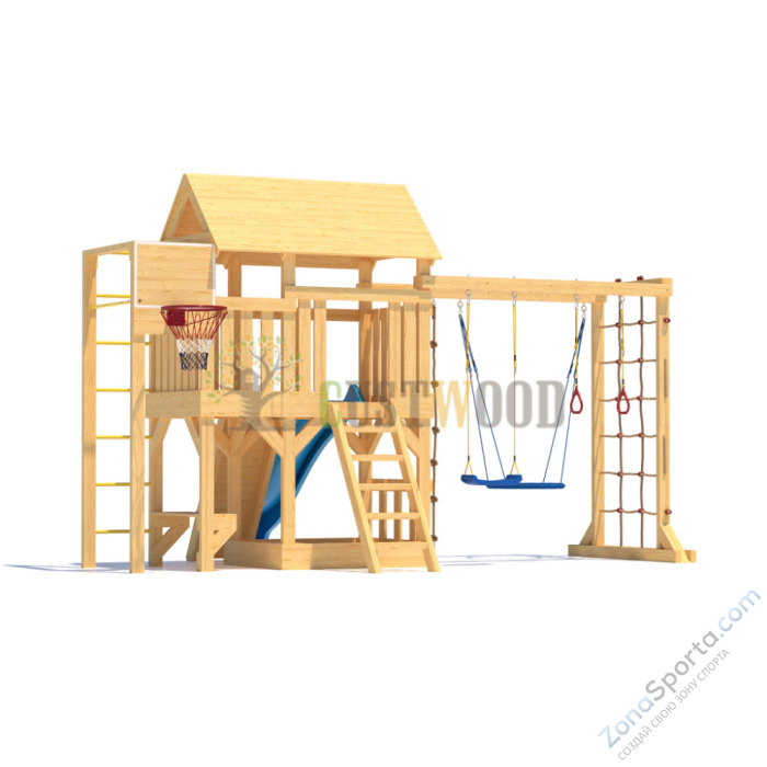 Детская деревянная игровая площадка для улицы дачи CustWood Scout S10 с большой деревянной крышей