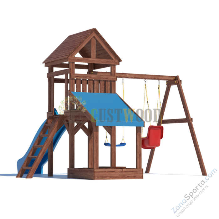 Детская деревянная игровая площадка для улицы дачи CustWood Scout SC6 с деревянной крышей