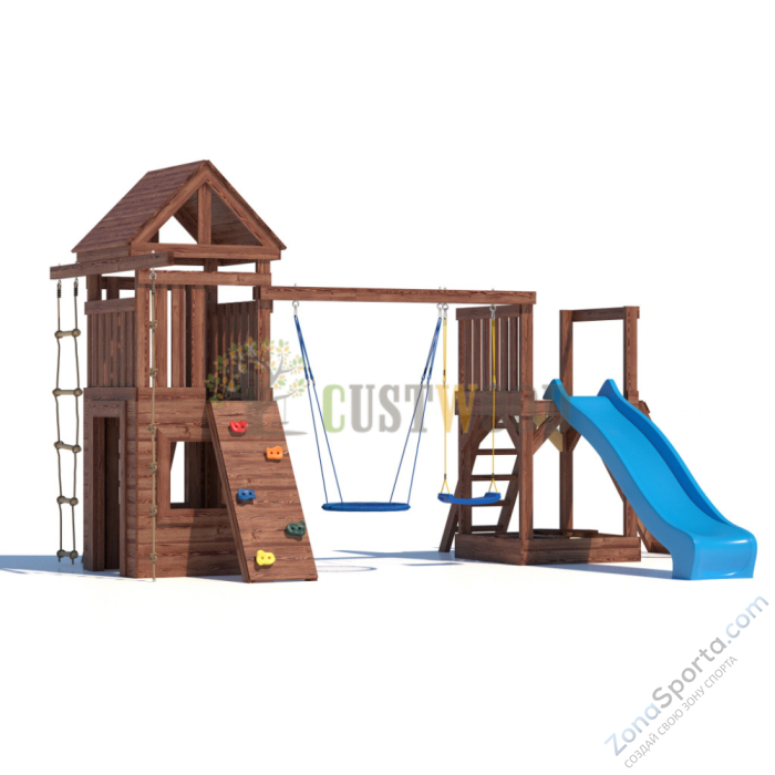 Детская деревянная игровая площадка для улицы дачи CustWood Scout SC9 с деревянной крышей