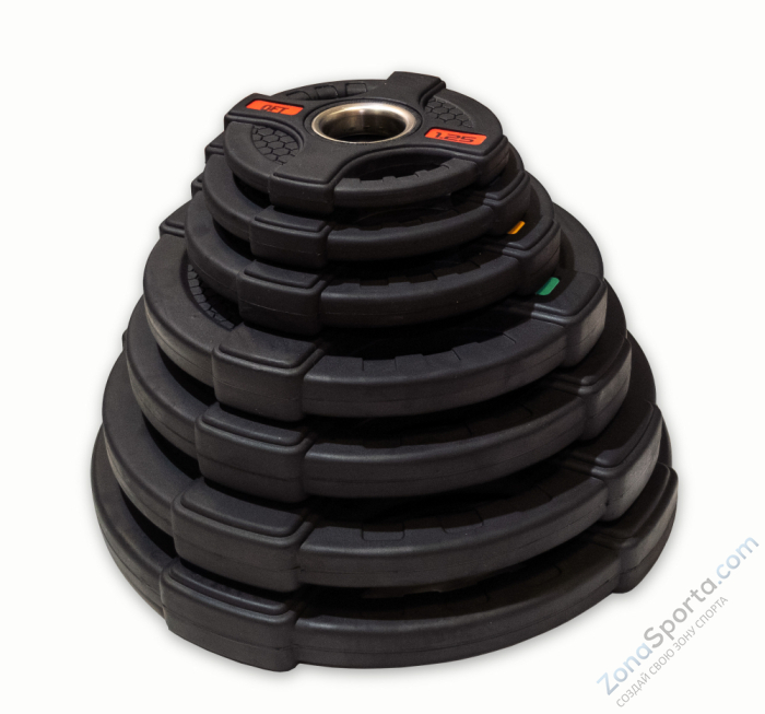 Диск олимпийский обрезиненный черный с двумя хватами Original FitTools FT-2HGP-10 10 кг