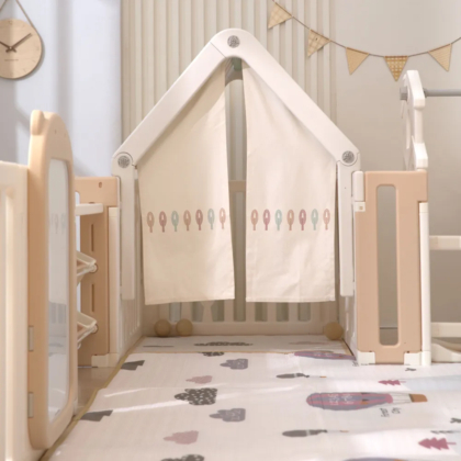 Манеж Unix Kids DeLuxe House Storage Camel 180 x 200 см с баскетбольной стойкой, доской для рисования, качелями